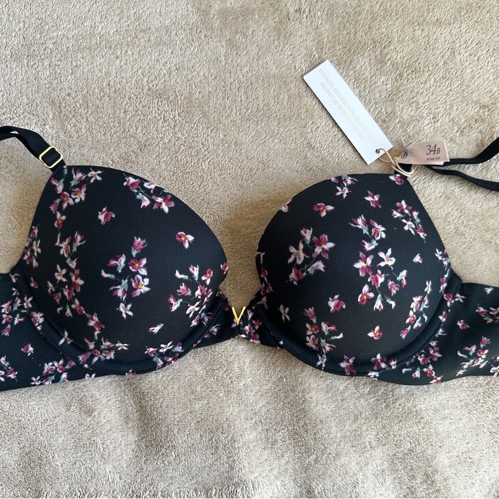 Victoria Secret Push Up Floral Black Underwire Bra 32B